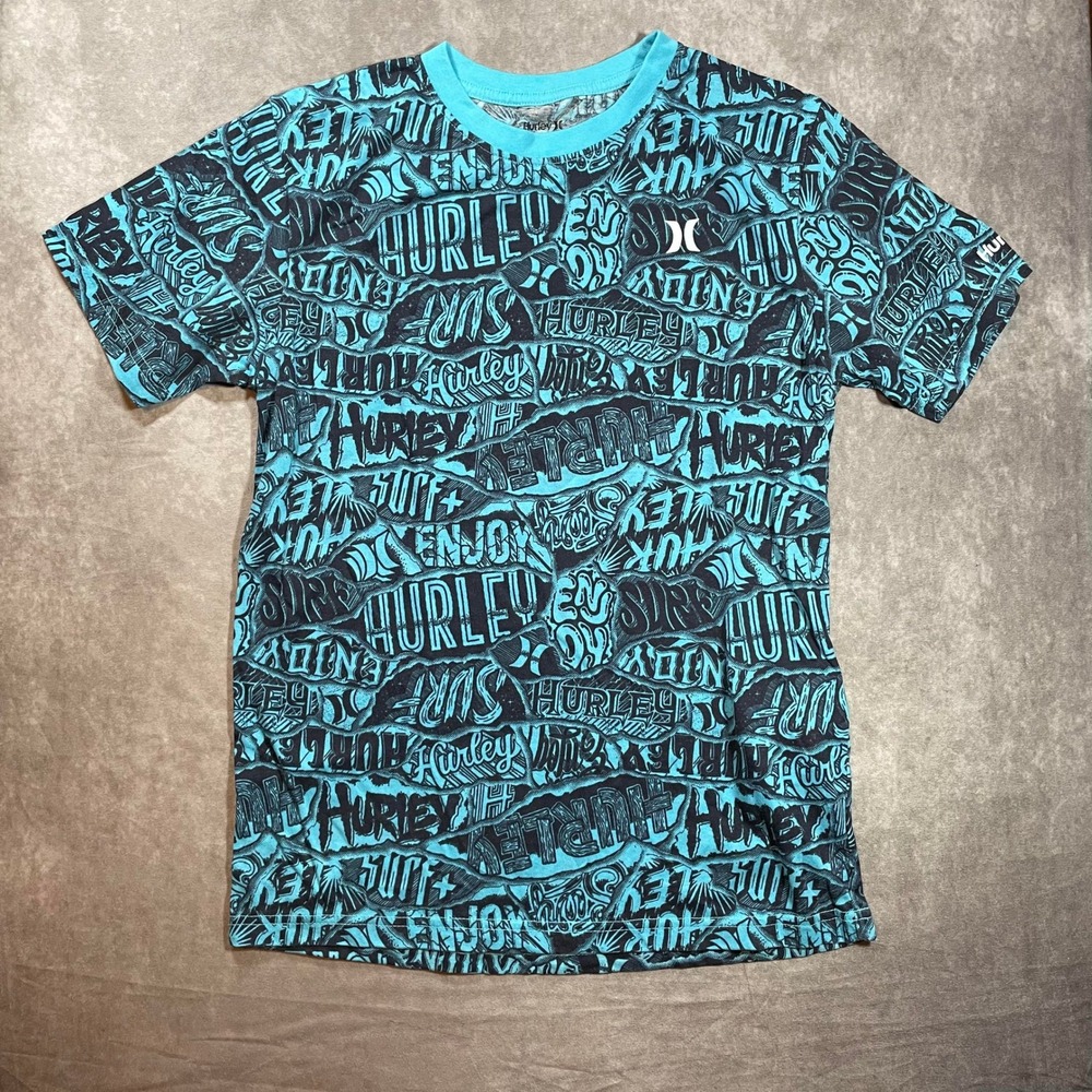 Hurley Boys XL Blue Black All Over Print Graphic Surf T-Shirt Short Sleeve Tee